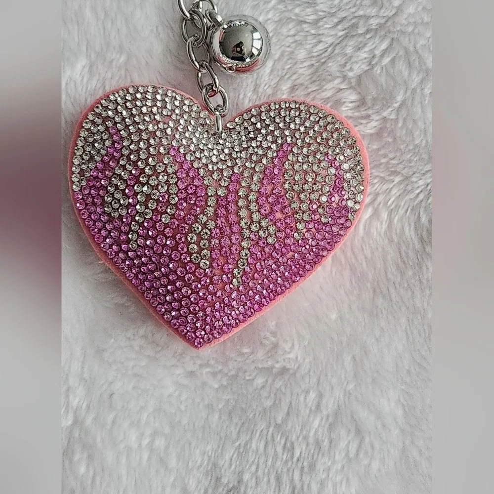 Pink and Silver Flaming Heart Rhinestone Keychain Bag Charm
